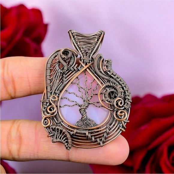 Handmade Jewelry - Rose Quartz Pendant Handmade Copper Wire Wrapped Necklace